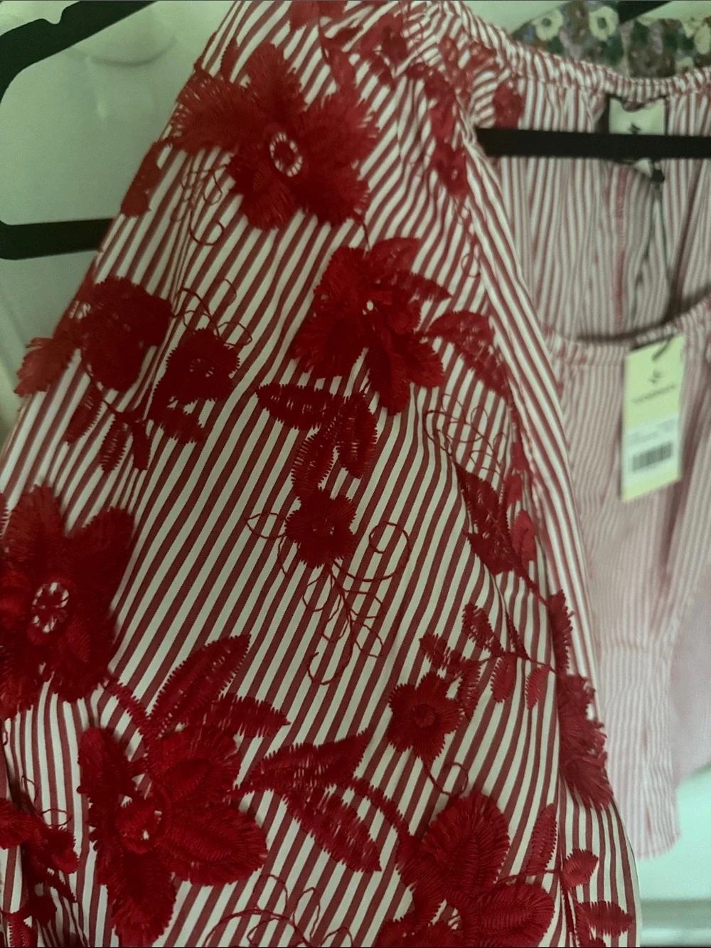 Tuckernuck Red Striped Top with Red Floral Puff Sleeves, NWT